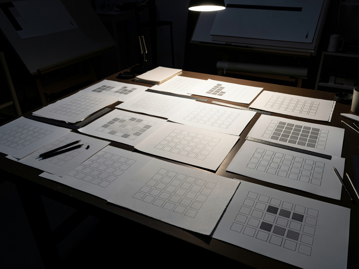 Printed grid studies and typography proofs spread across a shadowed design studio table